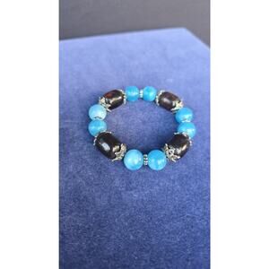 Blue Brown Beaded Stretch Bracelet Womens Silver Tone Boho Jewelry Fashion